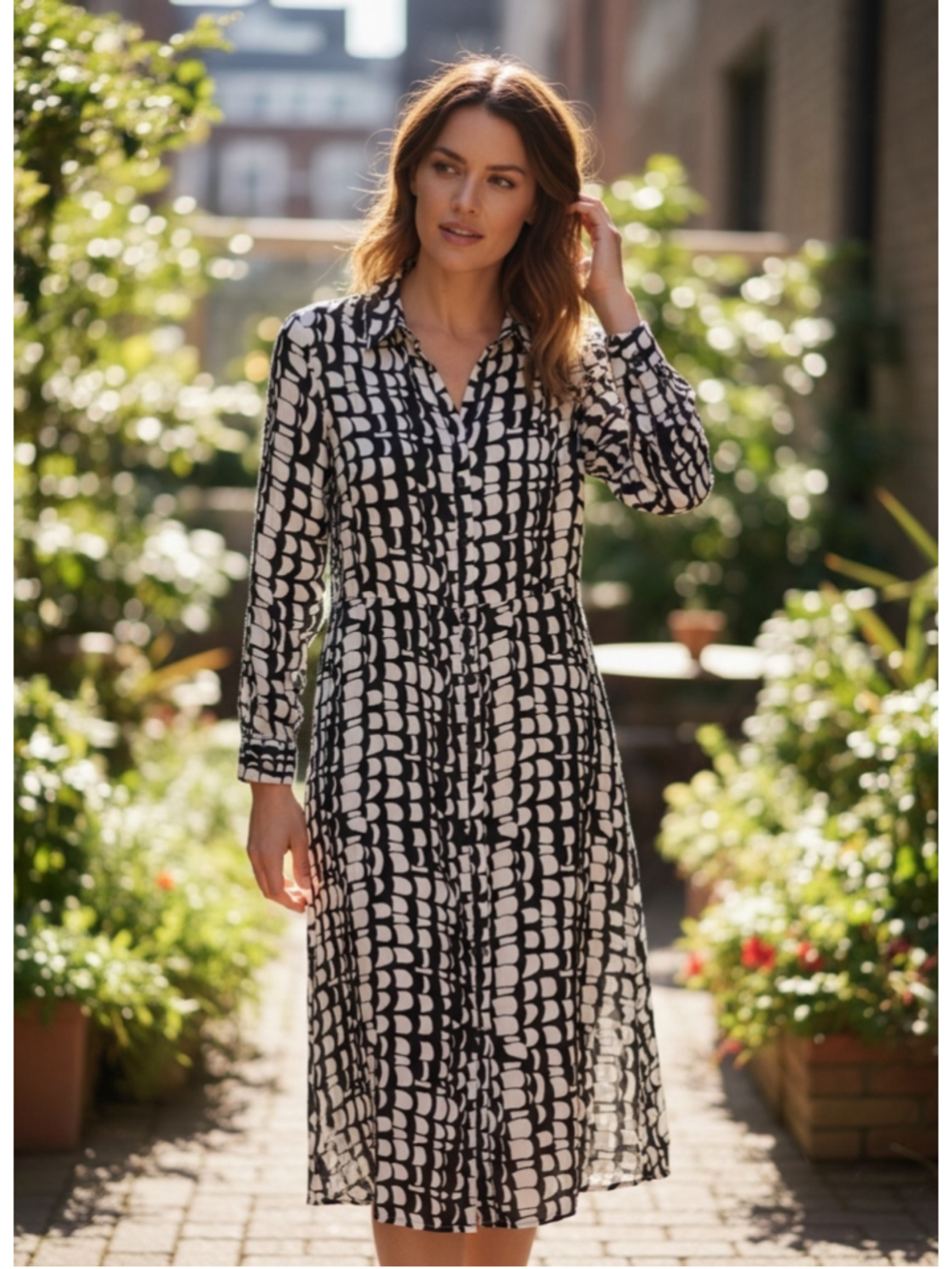 Zara Midi Shirt Dress Black and White Patterned Modest